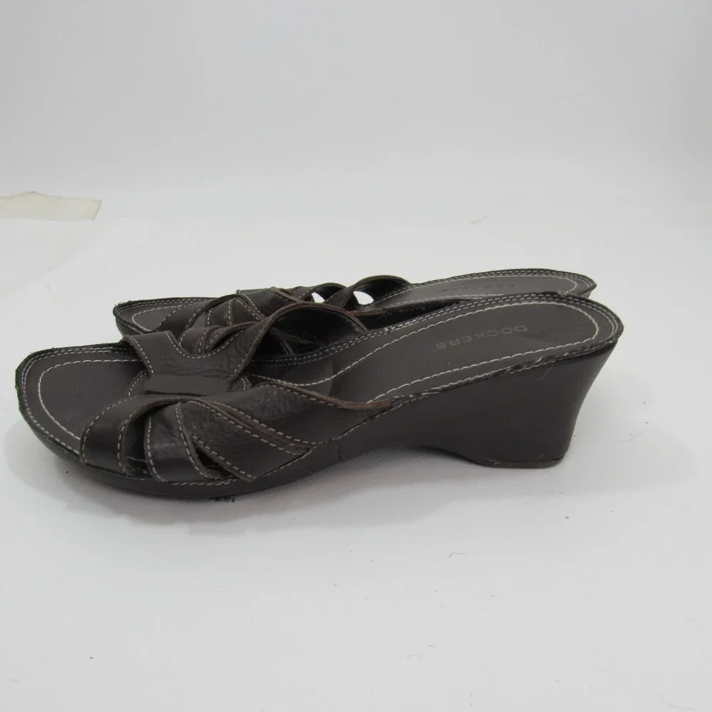 Dockers Womens Dark Brown‎ Leather Wedge Slide Sandals Size 7.5W